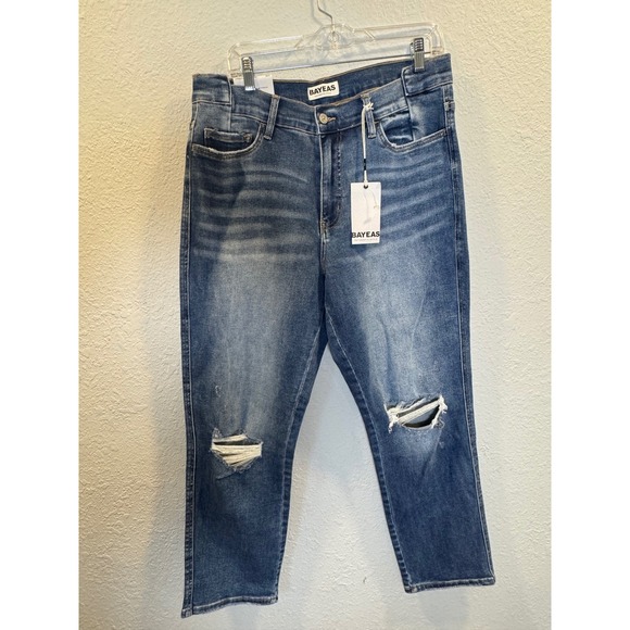 Bayeas Denim - Bayeas Womens 14W High Rise Cropped Straight Distressed Jeans Blue Stretch